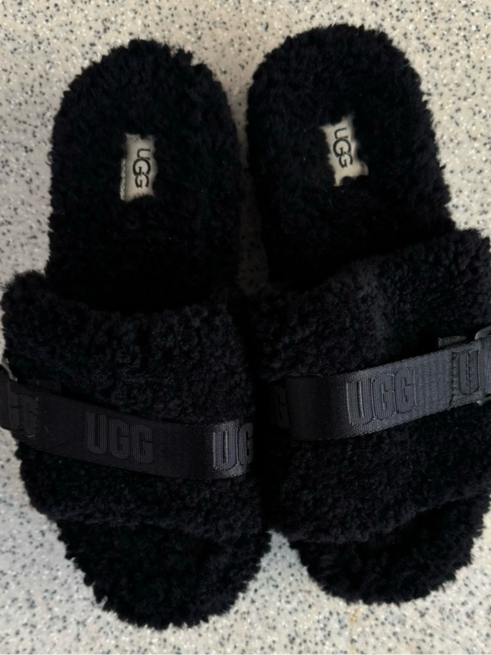 UGG Black Fluffita Flatform Curly Sherp Slide Sandals with Adjustable Buckle.9 - Picture 3 of 10